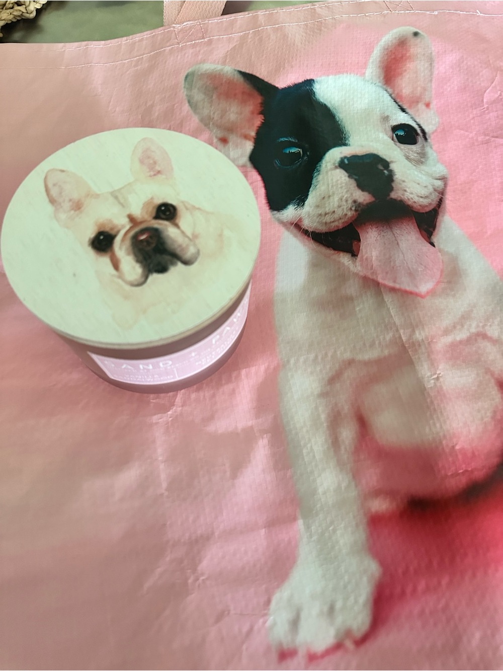 NWT Pink Reusable Tote Bag with Cute French Bulldog Print and Sand + Fog Candle - Picture 3 of 6